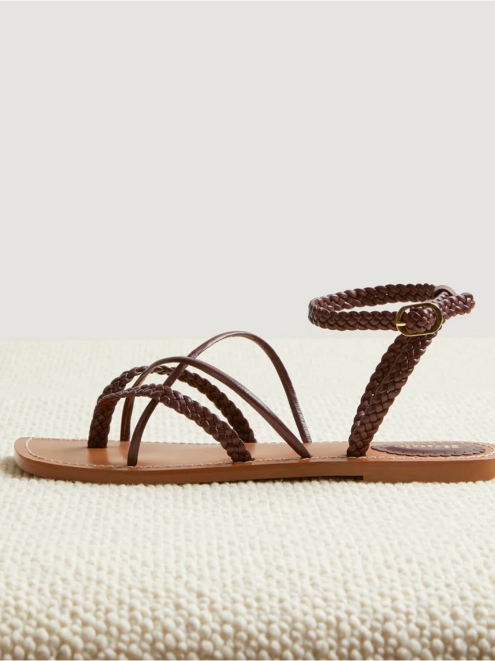 Rouje Brown Braided Ankle-Strap Flat Sandals
